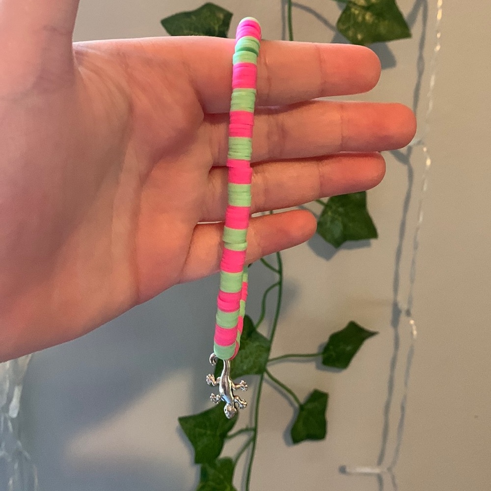 Pink and green clay bead bracelet